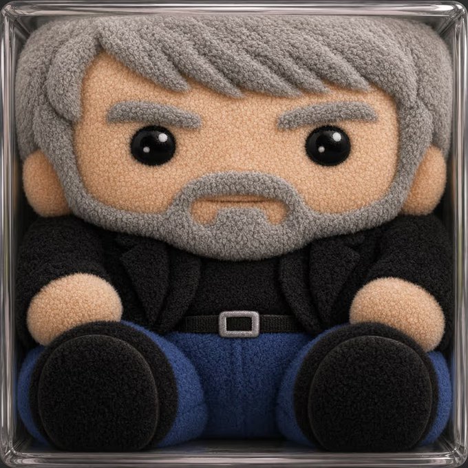 A plush toy figurine of a gray-haired, bearded man wearing a black shirt and blue pants, displayed inside a clear plastic cube.
