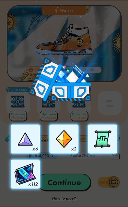 A mobile game screen showing a Walker sneaker NFT with boxes ready to open and various gem rewards including x6, x2, and x112.