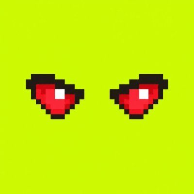 This pixelated image features two red, glowing eyes on a bright green background, representing the GTD from @RobinDroids mentioned in the accompanying post.