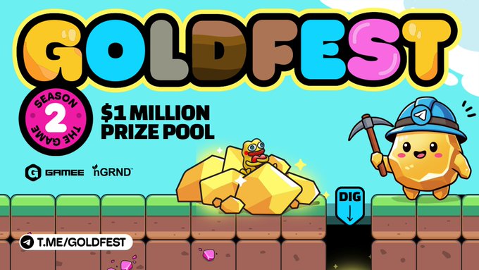 A colorful promotional graphic for "GOLDFEST SEASON 2" by GAMEE and GRND, advertising a $1 million prize pool and featuring a cute miner character holding a pickaxe alongside a pile of gold bars. The link "T.ME/GOLDFEST" is displayed, tying directly to the announcement of GAMEE launching a new Telegram gaming app with the platform's largest prize pool.