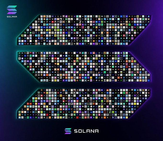 A visual collage displays hundreds of cryptocurrency token logos organized within the Solana logo design, with the "SOLANA" wordmark visible at the top and bottom of the image. The image relates to the post by illustrating the vast ecosystem of Solana-based tokens, implying that any one of these numerous Solana coins could be the next to surge in value.