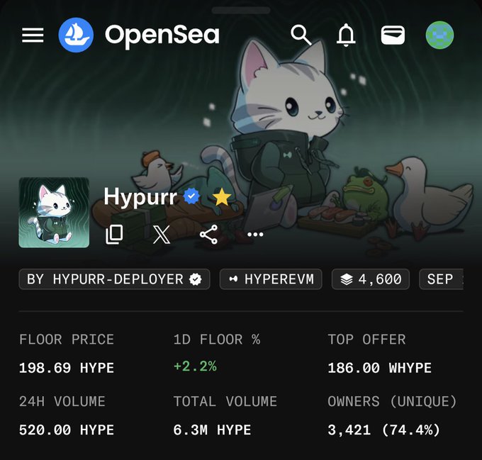 The image shows an OpenSea NFT collection page for "Hypurr" on the HyperEVM chain, displaying a floor price of 198.69 HYPE, 24H volume of 520 HYPE, and total volume of 6.3M HYPE across 4,600 items owned by 3,421 unique holders. The screenshot reinforces the post's thesis by showing the relatively low 198.69 HYPE floor price and the still-developing 24H volume of 520 HYPE, suggesting early accumulation at potentially undervalued levels for what the author believes is a promising project.