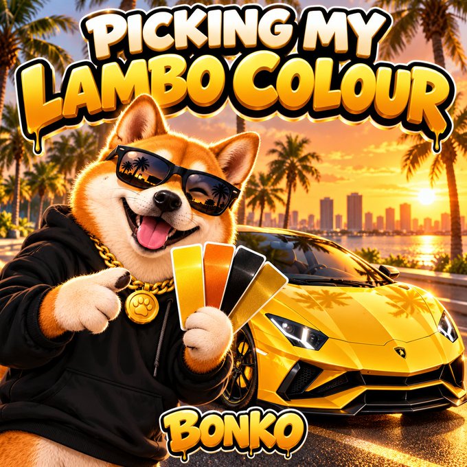 A cartoon Shiba Inu dog wearing sunglasses and a gold chain holds color swatches in front of a yellow Lamborghini, with the text 'PICKING MY LAMBO COLOUR' and 'BONKO' displayed.