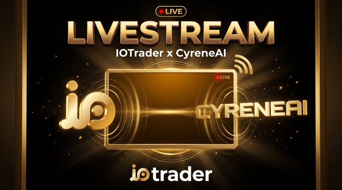 This image advertises a live stream event featuring a collaboration between IO Trader and Cyrene AI, titled "LIVESTREAM IO Trader x Cyrene AI," which is currently in progress. The graphic directly reflects the text in the accompanying post by visually announcing the "LIVE" nature of the broadcast and displaying the names of the two entities involved.
