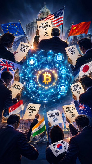 An illustration depicting people from various nations surrounding a glowing Bitcoin symbol, holding signs related to crypto regulation, asset rules, and digital currency laws, with flags from the US, EU, China, UK, Japan, Turkey, India, South Korea, and Australia visible.
