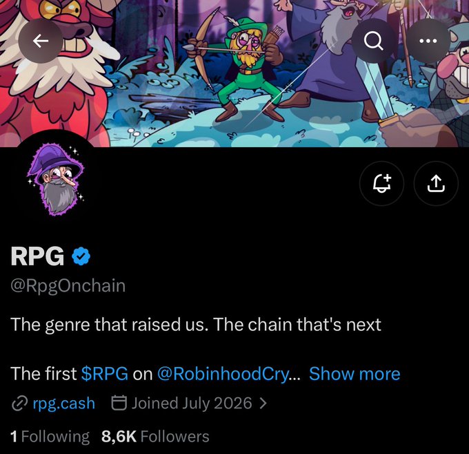 A Twitter/X profile page for the verified account 'RPG' (@RpgOnchain) with 8.6K followers, bio stating 'The genre that raised us. The chain that's next,' promoting as 'The first $RPG on @RobinhoodCry…' with link rpg.cash and joined July 2026.
