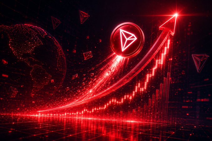 A red digital graphic shows the TRON logo riding an upward-sweeping arrow over a rising bar chart and candlestick pattern, with a wireframe globe in the background. The image visually reinforces the post's message that TRON's technology drives sustained growth and real-world utility across money transfers, stablecoins, DeFi, cross-chain, and payments.