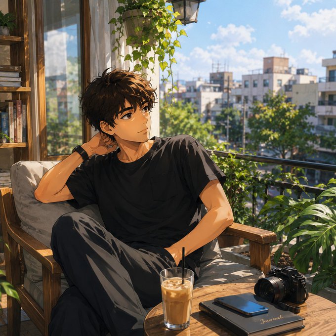 An anime-style illustration of a young man with dark hair in a black t-shirt relaxing on a balcony chair with an iced coffee drink, with a camera, journal, and smartphone on the table beside him, overlooking a sunny cityscape.