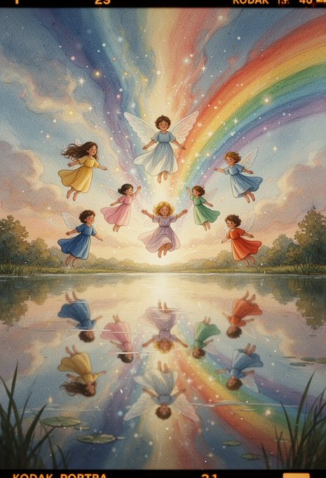 A whimsical illustration of fairies and children with colorful dresses dancing above a reflective lake under a rainbow, framed by 'KODAK PORTRA' film border markings.
