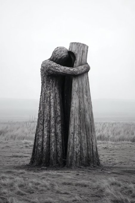 A black and white photograph of a textured stone or metal sculpture resembling a hooded figure embracing a tall, weathered wooden post, set in a desolate grassy field under an overcast sky.