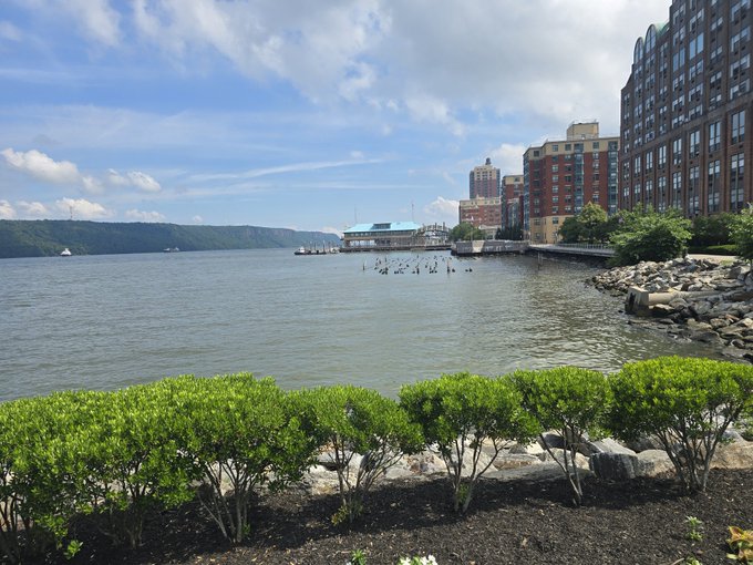 A scenic waterfront view features manicured shrubs in the foreground, a calm river, and a row of tall brick buildings along the shore under a bright blue sky with scattered clouds. The serene, fresh image evokes a peaceful Monday morning, perfectly complementing the post's uplifting message about starting a new week with optimism and blessings.