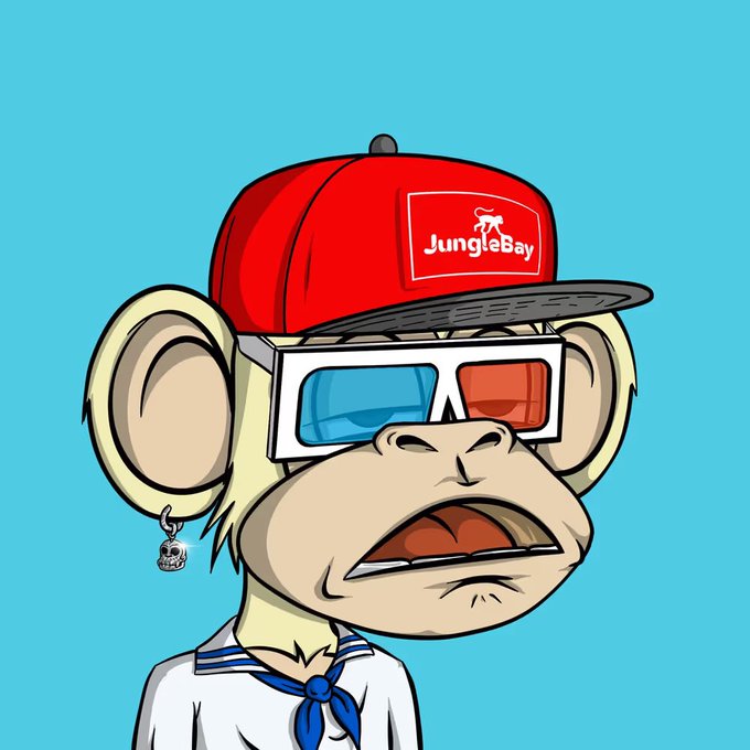 A cartoon monkey wearing 3D glasses and a red 'JungleBay' cap with a skull earring, displaying a confused or surprised expression.