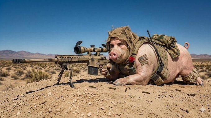 A pig wearing tactical military gear and a camouflage hood lies prone in a desert, aiming a sniper rifle at {"point": [578, 390], "label": "a sniper rifle"}. This humorous image plays on the phrase "Nikita Boar is on the hunt" by anthropomorphizing the pig as a soldier.