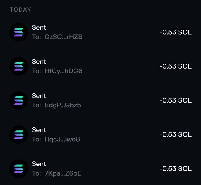 A Solana wallet transaction history showing five "Sent" transactions of -0.53 SOL each to different wallet addresses (GzSc...rHZB, HfCy...hDG6, BdgP...Gbz5, HqcJ...iwo8, and 7Kpa...Z6oE), corresponding to the user distributing SOL to recipients mentioned in the post.