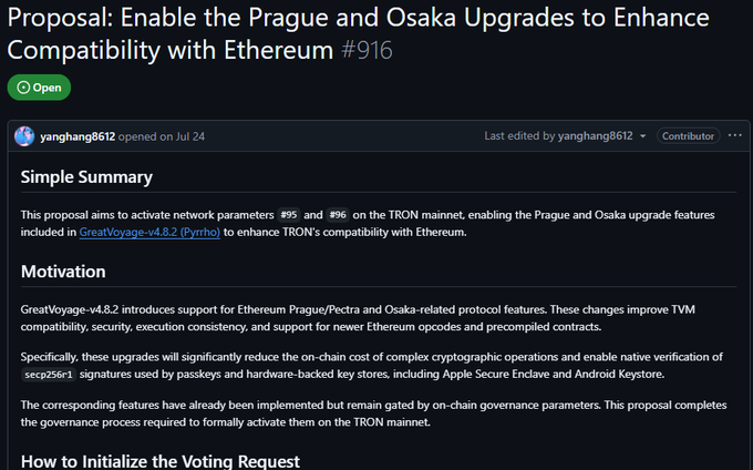 A GitHub proposal #916 titled 'Proposal: Enable the Prague and Osaka Upgrades to Enhance Compatibility with Ethereum', opened by yanghang8612, detailing a TRON mainnet governance proposal to activate GreatVoyage-v4.8.2 (Pyrrho).
