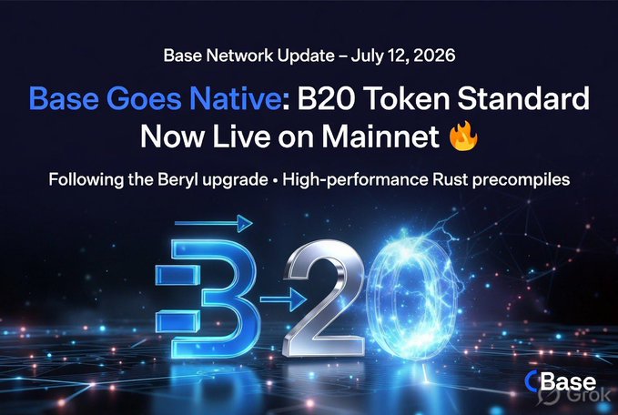 A promotional graphic titled "Base Network Update – July 12, 2026" announcing "Base Goes Native: B20 Token Standard Now Live on Mainnet" with a fire emoji, featuring a stylized "B20" logo and text about the Beryl upgrade, with a "Base Grok" watermark.
