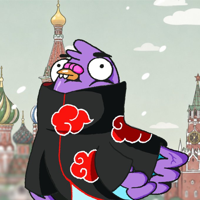 A cartoon illustration of a purple bird-like character wearing a black Akatsuki cloak with red cloud designs, set against a backdrop featuring St. Basil's Cathedral.