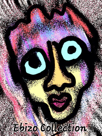 A colorful psychedelic illustration of a face with large blue eyes, pink and yellow tones, with the text 'Ebizo Collection' at the bottom.