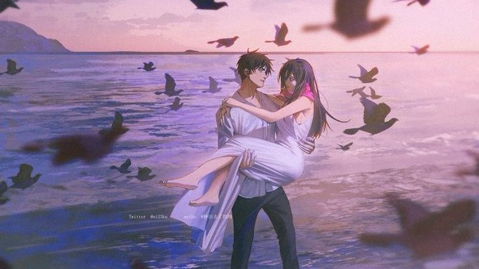 An anime-style illustration of a man carrying a woman in a white dress along a beach at sunset, surrounded by flying birds.
