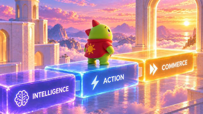 A 3D-rendered green character wearing a red sun shirt stands on glowing blocks labeled 'INTELLIGENCE', 'ACTION', and 'COMMERCE' against a sunset sky.