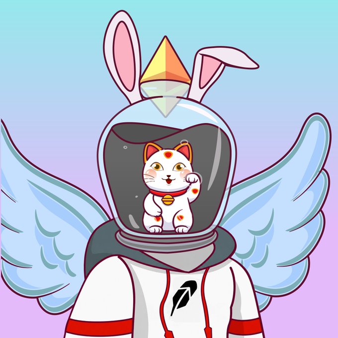 The image features a cute white cat with orange spots wearing a space helmet with bunny ears, angel wings, and a crystal on top, dressed in a white hoodie with red accents and a feather logo on the chest—visually embodying the "$CASHCAT inside a Hoodler" concept described in the post.