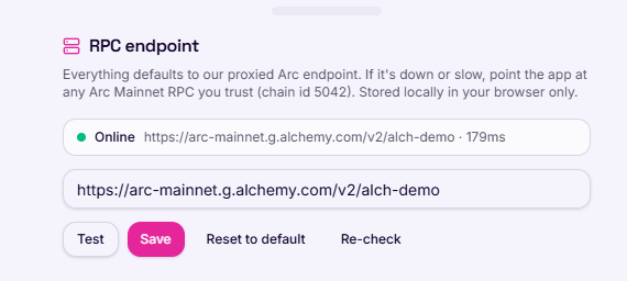 A screenshot of an "RPC endpoint" settings panel showing a fast, online Arc Mainnet connection (179ms) with the URL `https://arc-mainnet.g.alchemy.com/v2/alch-demo`, along with Test, Save, Reset to default, and Re-check options, which matches the post's announcement of a new live demo RPC users can swap to on dyorv3.org or arcanine.lol.