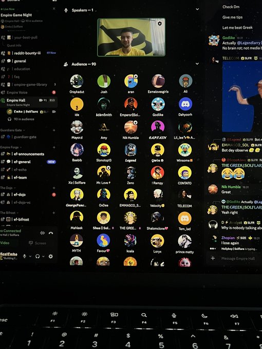 A Discord interface showing an active 'Empire Game Night' voice channel with 90 audience members and numerous user avatars in voice chat.