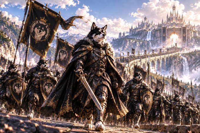 Fantasy digital artwork depicting an army of anthropomorphic dogs in medieval armor, with a husky commander holding a sword and banners bearing a Shiba Inu emblem.