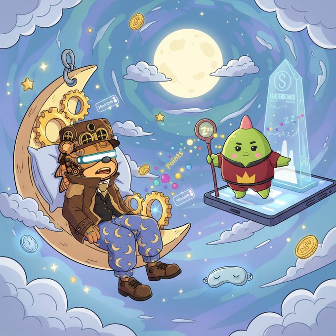 The image features a cartoon character, possibly a bear or a dog, sitting on a bed with a cell phone attached to its head. The character appears to be sleeping while holding onto the cell phone. In the background, there are other characters from different posts, including one who is wearing a crown and another who has a sword in their hand. The overall scene seems to be related to a sleep-themed post on social media or a gaming platform, as indicated by the text "Gm fam Just another sleep win logged Mindshale leaderboard calling my name Dino stacking those levels daily @sleepagotchi gets the formula right every time Sleep tracking feels effortless now Consistency is the secret sauce Health priorities finally paying dividends".