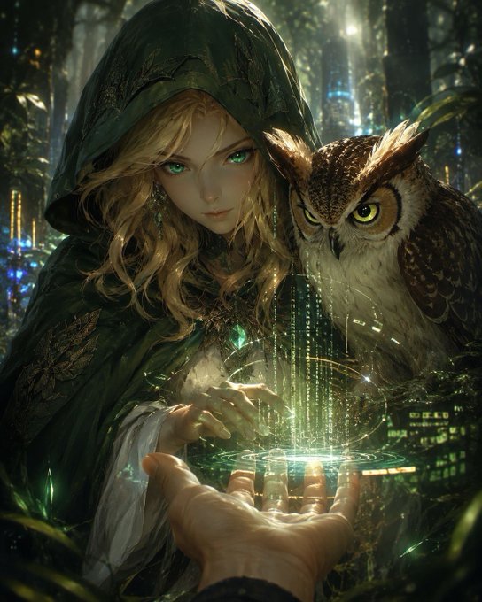 The image features a woman with blonde hair wearing a green hooded cloak, holding out her hand towards an owl perched on her shoulder. The owl has large eyes and appears to be staring at something in the woman's hand. In the background, there are trees that add depth to the scene. The post also mentions that someone is trying to get back to digging for gems using virtuals'io as a reference.
