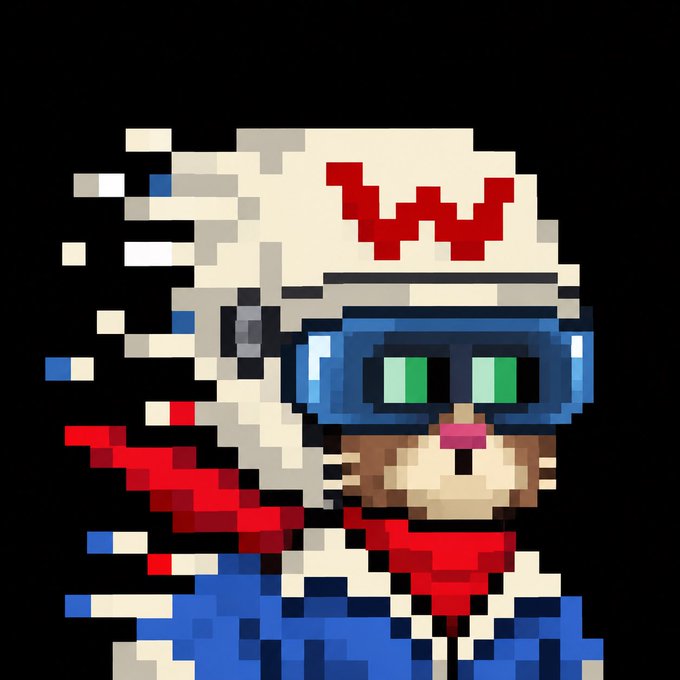 A pixel art character wearing blue and red with a white mask featuring red X-shaped eyes and blue goggles with green lenses.
