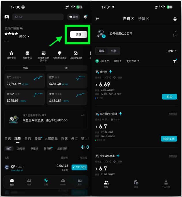 A screenshot showing Bitget's homepage with the "充值" (Deposit) button highlighted by a green box on the left, transitioning to the C2C trading interface on the right displaying USDT exchange rates at ¥6.69 with merchants like "好到来" and "大力哥的小商铺" offering buy options. The image illustrates the navigation path from deposit to C2C trading as described in the accompanying post about Bitget's new C2C trading support.