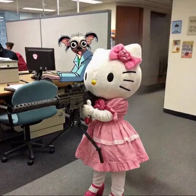 The image features a person dressed up as Hello Kitty with a gun, standing next to an office chair. The scene takes place in an office setting where there are two chairs visible - one near the left side of the room and another on the right side. A computer is also present in the background, indicating that this might be an office environment. The image includes text elements such as "Big GM to all the trench warriors If youre at work, do t forget to desk pop #Protocol #nolimit #solana $BTC $XLM #EpsteinFiles".