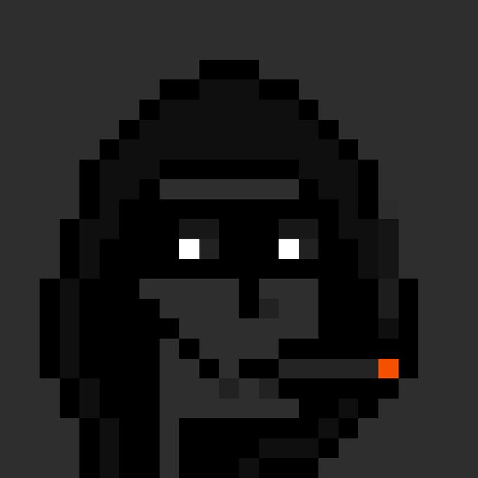 A dark pixel art illustration of a hooded figure with glowing white eyes and a smoking cigarette on the right side.
