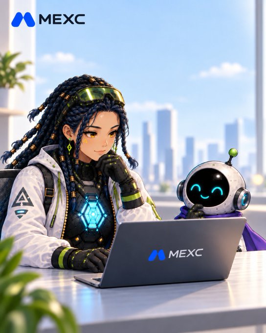 An anime-style illustration of a young woman with braided hair and a small robot sitting at a laptop displaying the 'MEXC' logo.