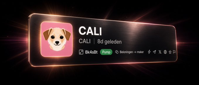 A digital graphic displaying the profile of 'CALI' cryptocurrency, featuring a dog logo on a pink background, with the address '8k4sBt' and a 'Pump' tag.