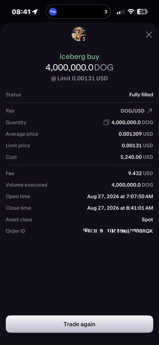 A smartphone screenshot of a fully filled Iceberg buy order for 4,000,000.0 DOG at a limit price of 0.00131 USD on the DOG/USD pair.