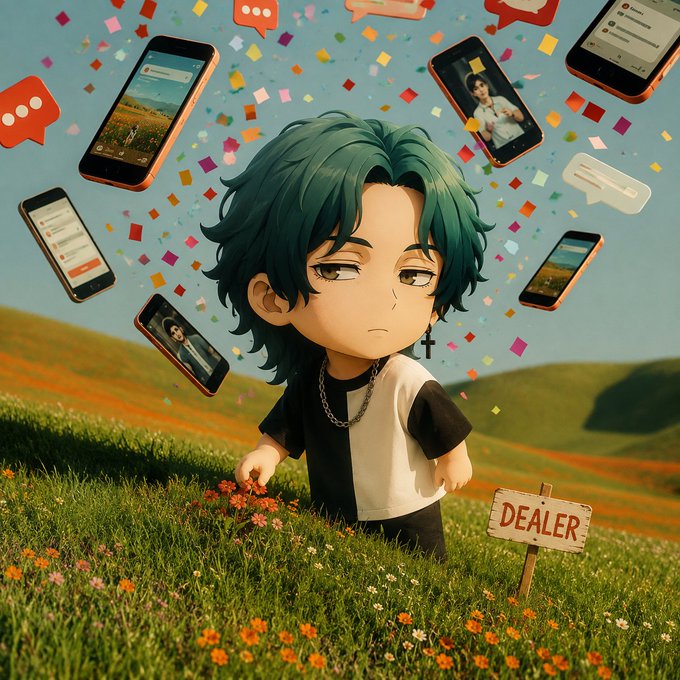 A 3D-rendered chibi-style character with teal hair, ear cross earring, and black/white shirt standing in a flower field with floating phones and chat bubbles around them and a 'DEALER' sign nearby.