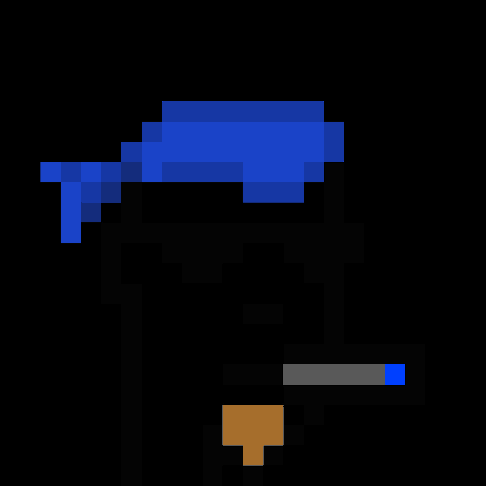 A pixel art sprite on a black background depicting a simple character with a blue hat/cap, featuring visible health/progress bars in gray and blue with a small brown element.