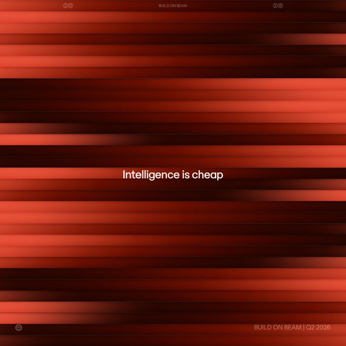 The image features a red background with white text that reads "Intelligence is cheap, verification is expensive". The text is positioned at the bottom of the image, drawing attention to its message. The image also includes an image of a building labeled "Build on Beam" and a date "2/20/2008", suggesting it was created or published in 2008.