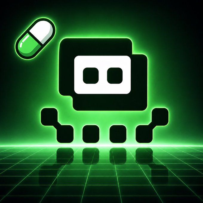 A neon green glowing digital illustration features a pill icon in the upper left and a central server-like icon with smaller connected nodes on a reflective grid surface against a dark background.