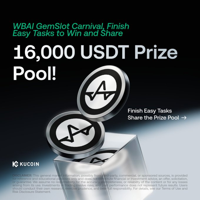 The image is a KuCoin promotional banner for the "WBAI GemSlot Carnival" with a 16,000 USDT Prize Pool, featuring metallic "A" coins emerging from a cube and text reading "Finish Easy Tasks, Share the Prize Pool." It visually reinforces the post's announcement of the WhiteBridge Network (WBAI) campaign by highlighting the prize amount and the call to complete tasks to participate in the trading competition and lucky draw.
