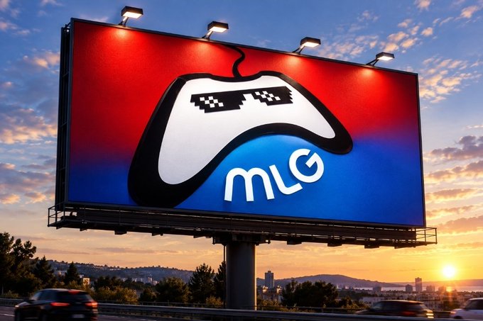 A billboard at sunset displaying the MLG logo featuring a white game controller wearing pixelated sunglasses, with cars passing on a highway below.