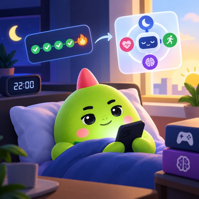 A cute green cartoon character lies in bed looking at its phone at night, with a checkmark streak turning into a fire emoji and a holographic app hub floating above, while a clock reads 22:00.