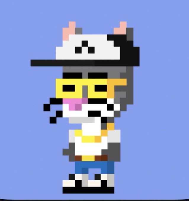 A pixel art character featuring a white panda hat, large yellow sunglasses, and a smiling face against a light purple background.