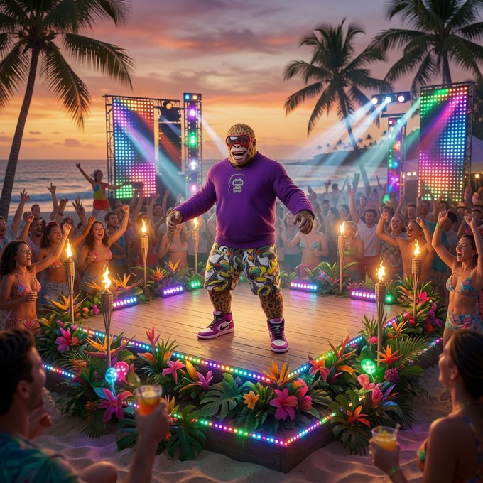 An anthropomorphic cheetah wearing sunglasses, a purple sweatshirt, and floral shorts performs on a tropical beach stage lit with colorful lights and tiki torches before a cheering crowd.