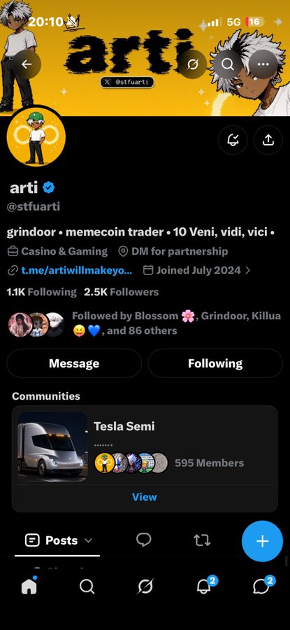 A Twitter/X profile page for the user 'arti' (@stfuarti), featuring anime-style avatars and describing them as a 'memecoin trader' with bio text 'grindoor • memecoin trader • 10 Veni, vidi, vici'.