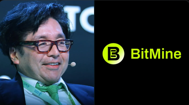 In the image, there's a man wearing glasses and a suit sitting down with his hands on his lap. He has a big smile on his face as he poses for the camera. The background features an advertisement for Bitmine, showing their logo in yellow next to the man's name. The title of the post reads "WHALE WATCH: The ETH supply shock is getting real. Bitmine just filed for a preferred stock offering with a 9.5% yield. They expanded their buyback program to 4 billion and want 5% of the entire supply."