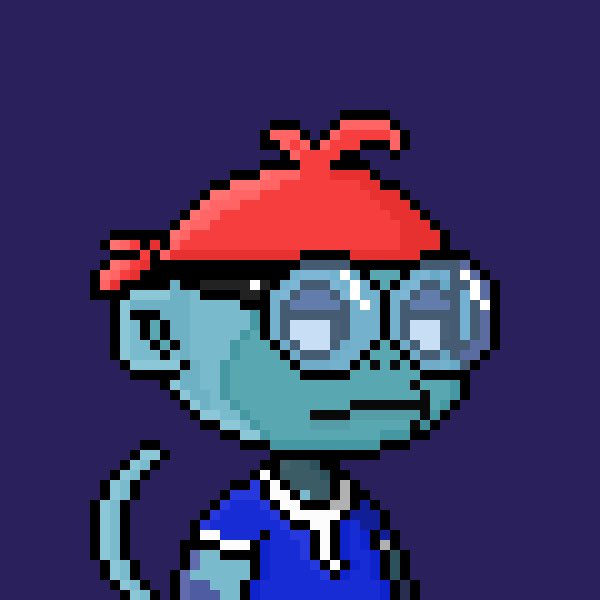 Pixel art portrait of a blue-skinned character wearing round glasses, a blue shirt, and red hair, against a dark blue background.
