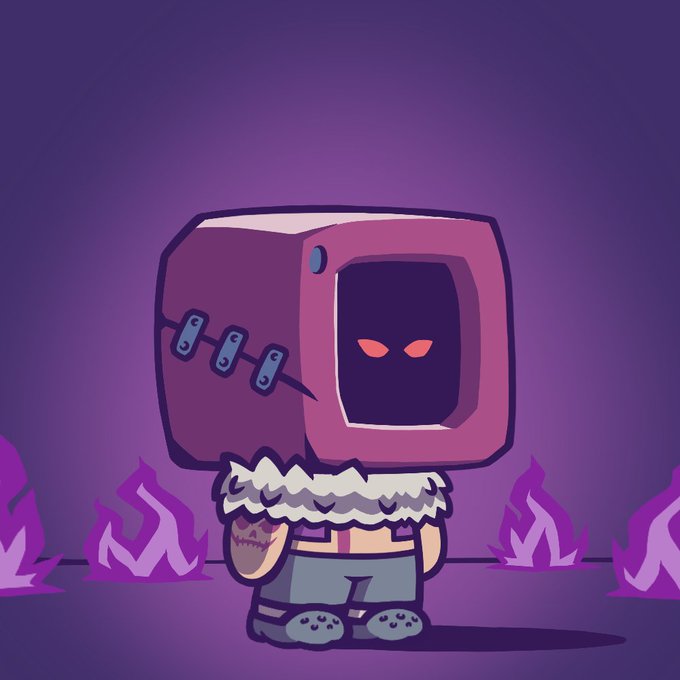 A small cartoon figure with a CRT computer monitor for a head stands amid purple flames, its screen displaying glowing red eyes that match the edgy, "terminal hacker" aesthetic of the Terminal Kids mint announcement. The glitchy, surreal design visually reinforces the platform's tech-noir branding as it invites users to mint their access at terminalkids.xyz/mint/.